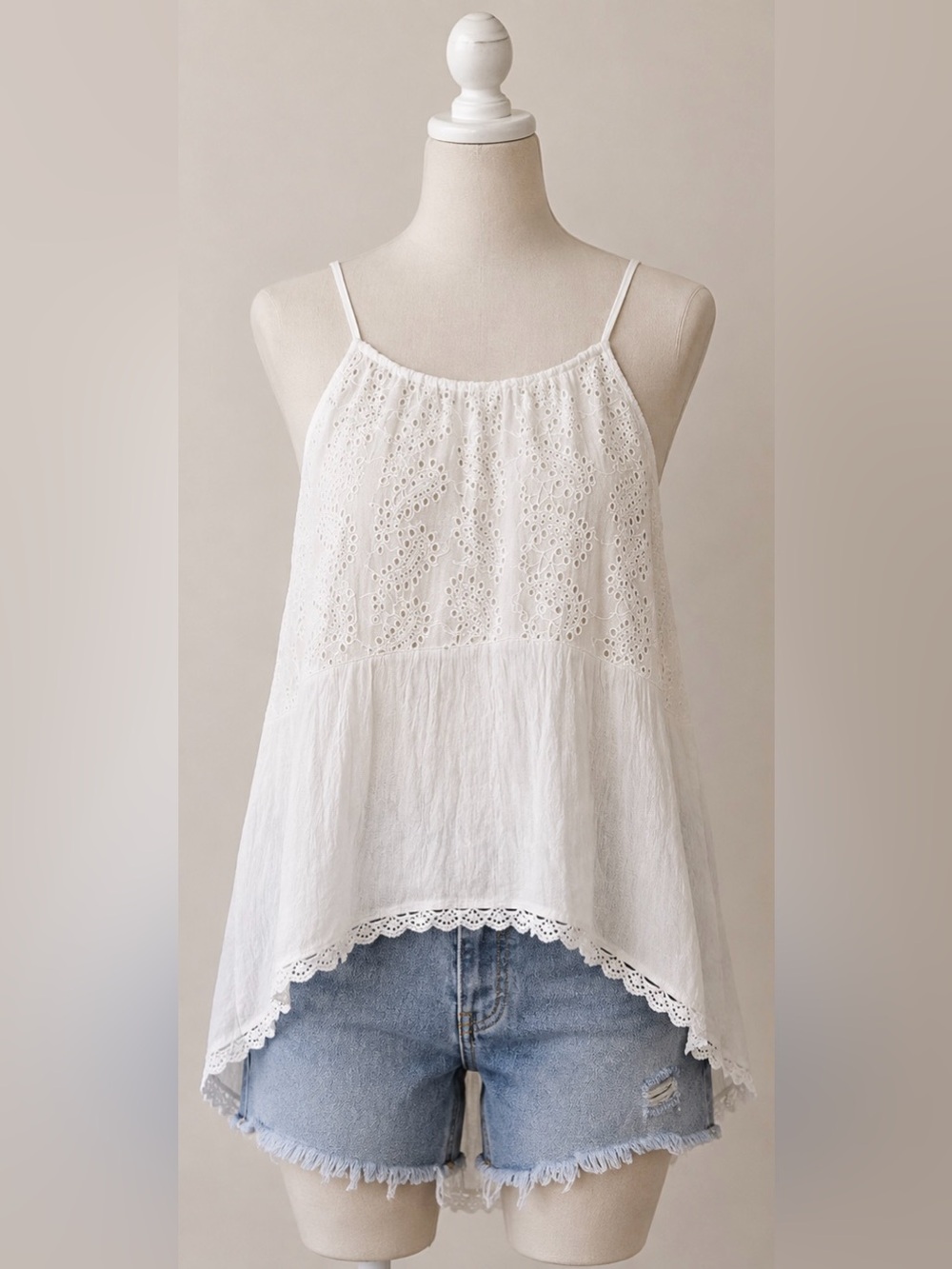 Rewind White Eyelet Lace Asymmetrical Cami Top size small